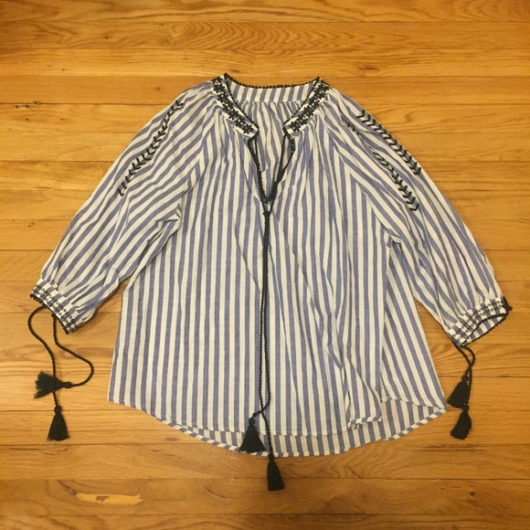 SHEIN Tops - SHEIN Vertical Striped Embroidery Tassel Blouse